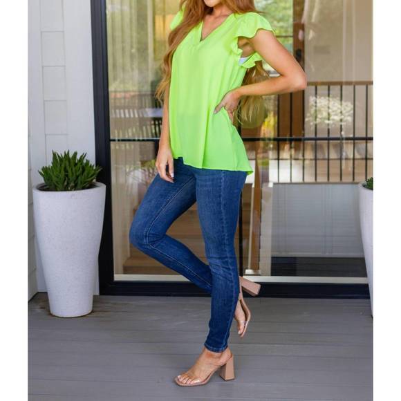 NEW JODIFL under neon lights ruffle sleeve top in neon yellow-green - Picture 3 of 4